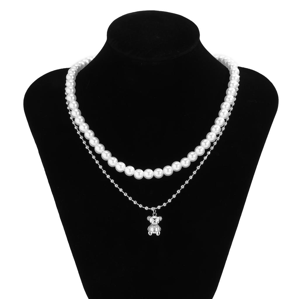 Męski Naszyjnik z Niedźwiadkiem i Perłami Niszowy Design Hip-Hop Prosty Wszechstronny Łańcuszek na Obojczyk Akcesorium