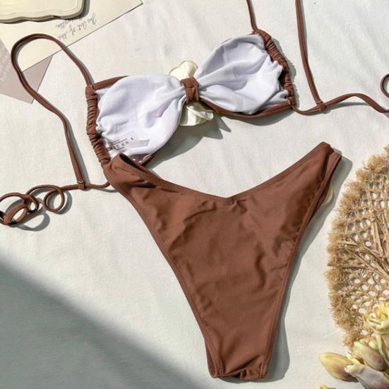 2Pcs/Set Women Bikini Suspenders Open Back Bra Quick 3D Flower Decor Set Adjustable Drying Briefs Set