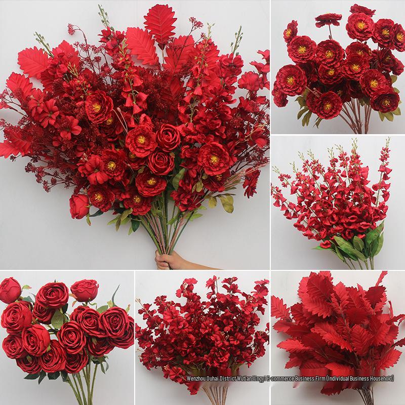 10-Piece Burgundy Floral Décor Set: Red-Toned Artificial Flowers, Mat, Aisle Runner, Wedding Decoration