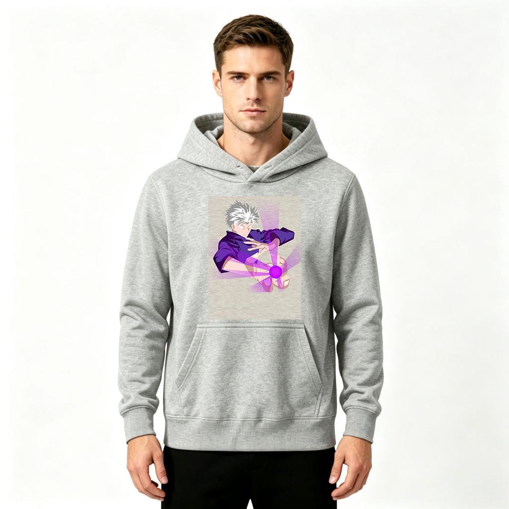 Men's Anime Printed Pullover Hoodie Casual Long Sleeve Comfy Sweatshirt with Purple Magic Ball Pattern