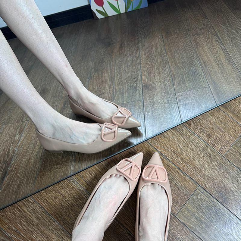 French pointed toe nude v buckle flat shoes inner height increase new temperament socialite fairy style single shoes woman