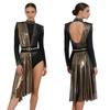 S-3XL Women Lyrical Dance Rhinestone Bodysuit Metallic Shiny Drape Long Sleeve Tassel Shoulder Boards Back Cutout Asymmetrical Leotard Jumpsuit