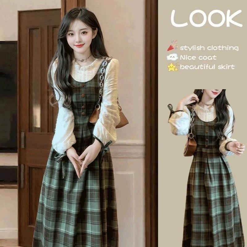 College style fake two green plaid dresses autumn and winter women's clothing new small men wear long dresses