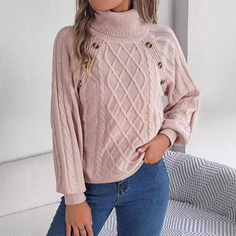 Autumn/Winter Casual Solid-Colour Buttoned Cable-Knit Turtleneck Bell-Sleeve Pullover for Women