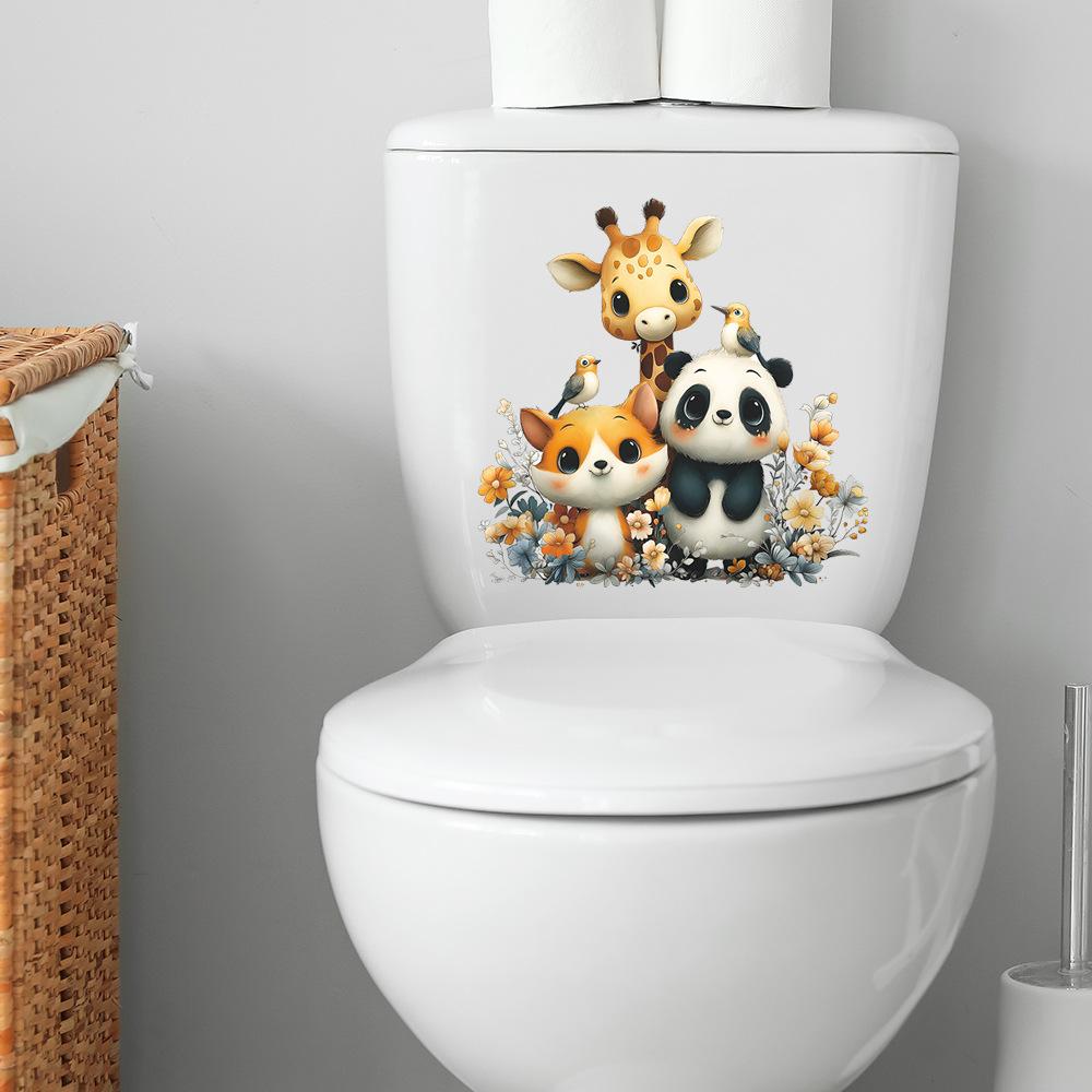 Self-adhesive Cartoon Cute Animals Flowers Toilet Wall Stickers for Bathroom Home Decor