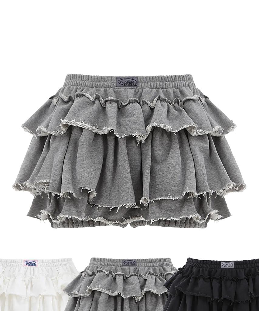 Plasma Sphere Tutu Tiered French Ferry Shirred Tiered Mini Skirt Pants_Gray
