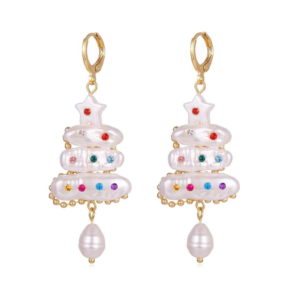 Crystal Christmas Tree Earrings Colorful Rhinestone Imitation Pearl Earrings Christmas