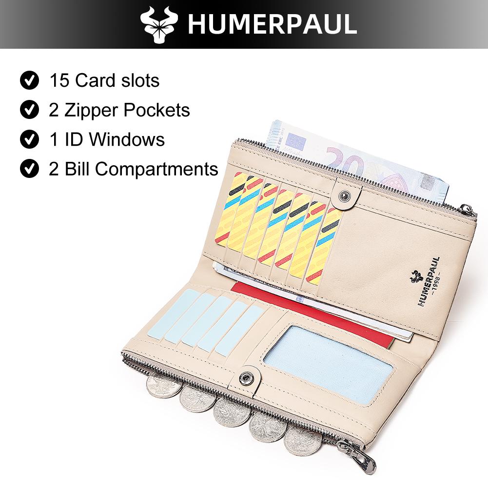 Humerpaul Women Leather Wallet Hand-held Wallet Large-capacity Multi-function First-layer Cowhide Wallet Folding Coin Purse