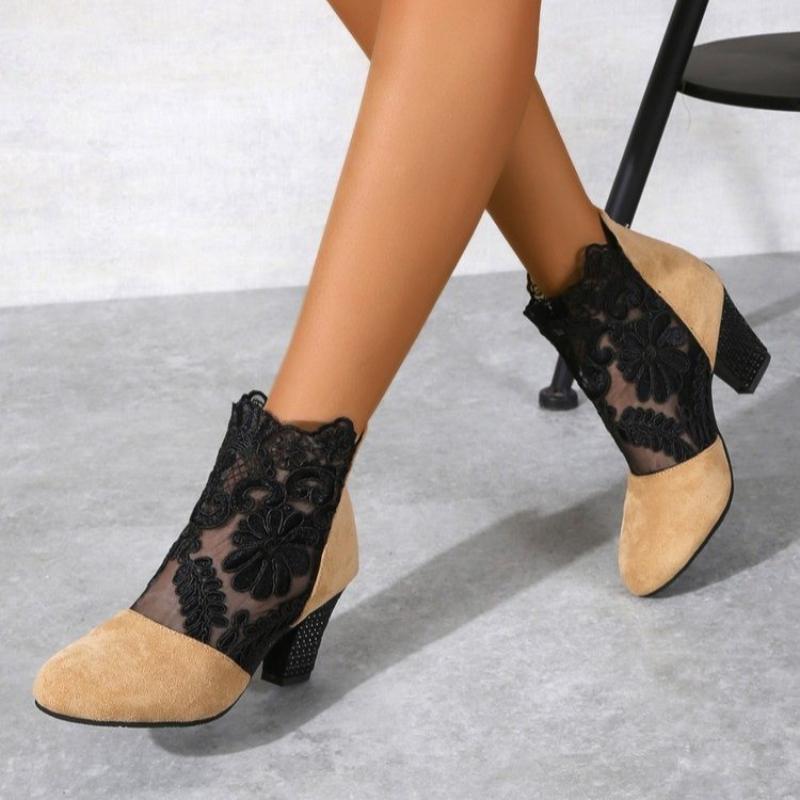 New Fashion Women High Heels Lace Flower Ankle Hollow Out Sandals Round Toe Zip Pumps Zapatos De Mujer Sexy Dress Boots
