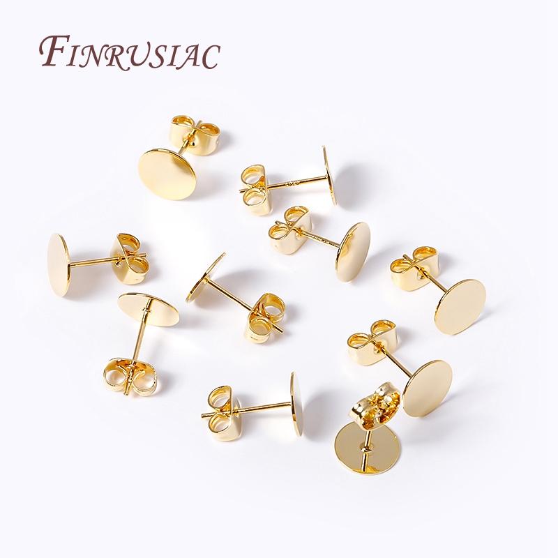 Ear Post with 8/10/12MM Pad 18K Gold-Plated Brass Metal Blank Post Earring Studs Base Pins DIY Earring Jewelry Making Findings