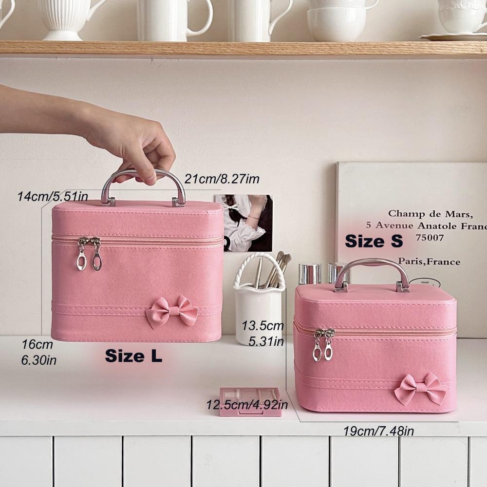 Pink Bow PU Leather Makeup Bag Portable Handheld Makeup Case Skincare Product Storage Box Trips