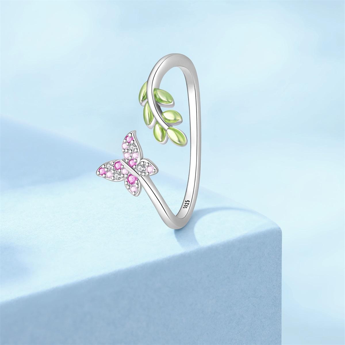 Ring 925 Silver Pink Butterfly Zircon Green Leaf Ring Valentine s Anniversary Fine Women Gift Accessory Hypoallergenic