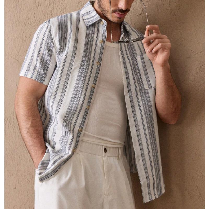 Summer Polo-neck Vintage Striped Printing Cardigan Shirt Male Short Sleeve Casual Fashion All-match Top Men