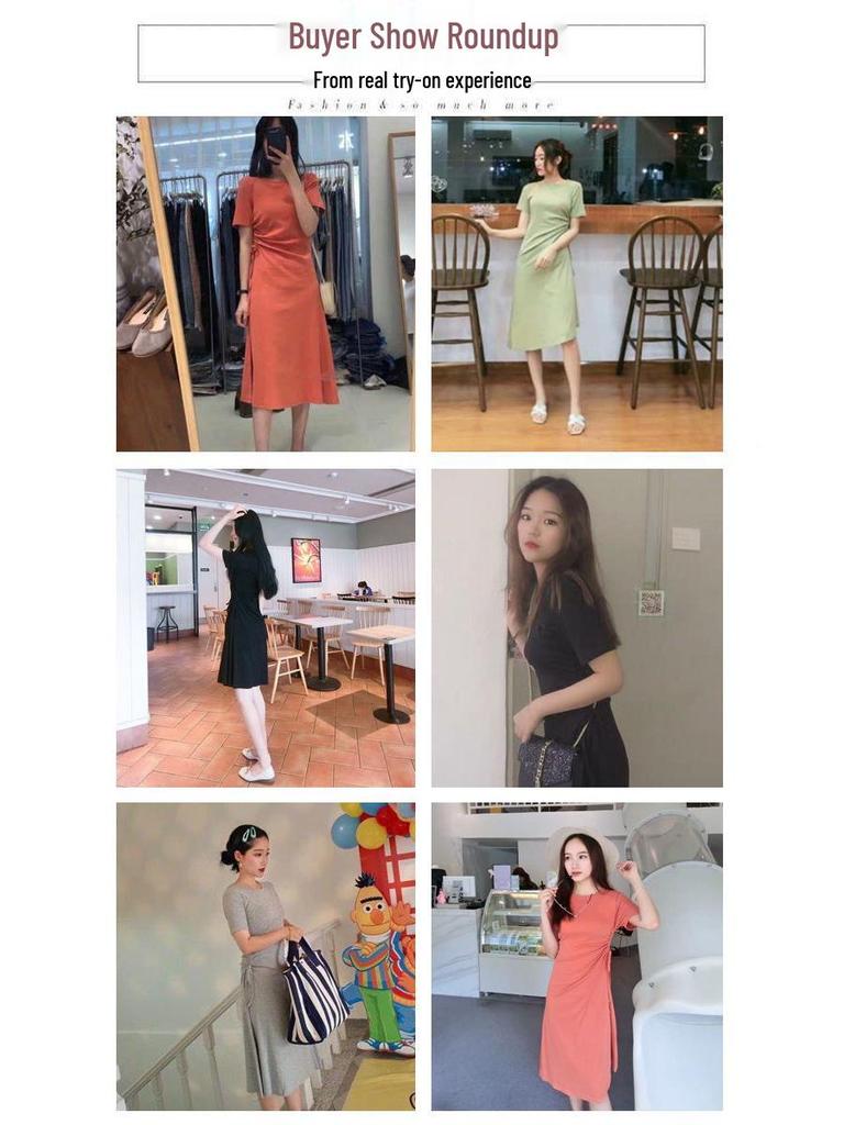 Avocado Green Summer 2021 Waist-Slimming Korean Style Drawstring T-shirt Dress for Women