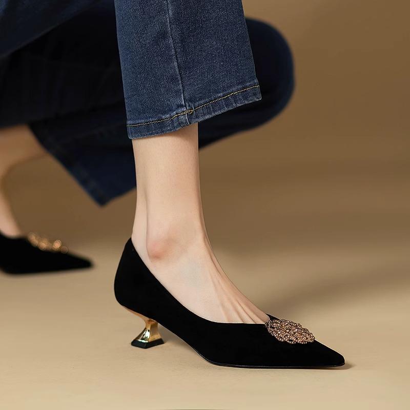 Fashion French Black Med Heels Women's Shoe Comfortable Office & Career Shoes Soft Leather Suede Pointed Shallow Shoes Pumps Zapatos