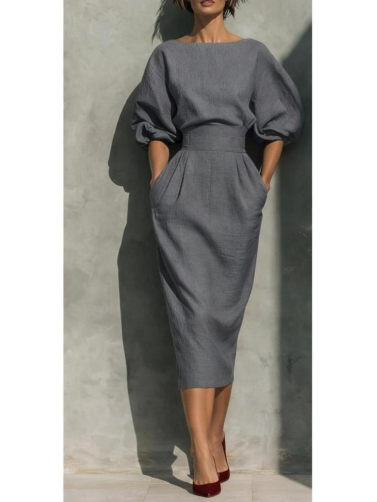 Damen Retro U-Boot-Ausschnitt A-Linien-Kleid mit Puffärmeln und hoch tailliertem Faltenrock – Perfekt für Frühlings- und Herbst Eleganz