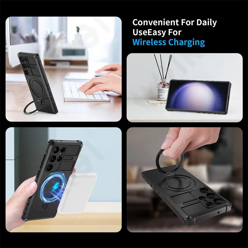 Etui MagSafe do Samsung Galaxy S24 S23 S22 S21 S20 Ultra Plus Note 20 FE Osłona kamery Pierścień obrotowy 360 stopni Podpórka