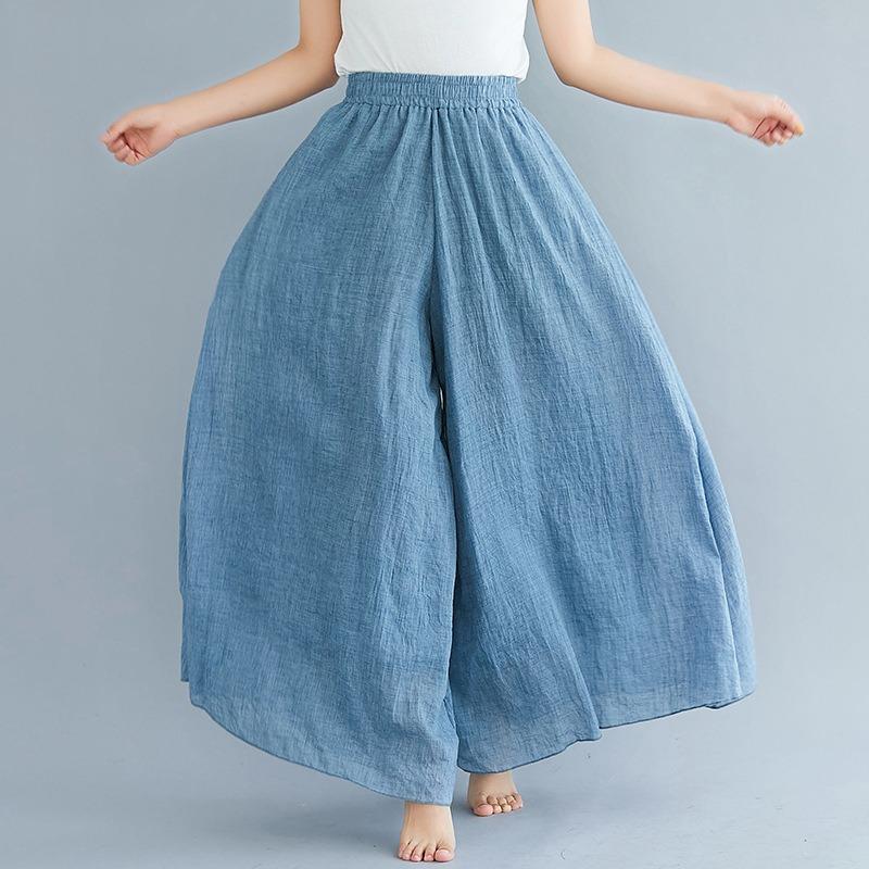 Summer Women's Trousers Artistic Large Size Cotton and Linen Wide-leg Trouser Skirt Linen Skirt Elastic Waist Solid Color Ethnic Style Trouser Skirt