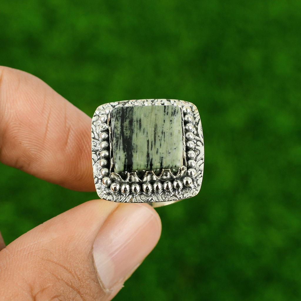 925 Silver Natural Silver Leaf Jasper Mother Elegant Multi Stone Ring Size 7.25