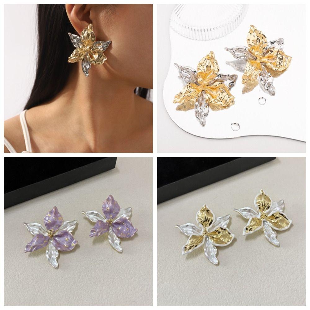 1 pair Zinc Zinc Alloy Golden and Silver Earrings Luxury Metal Flower Ear Studs Enamel Iris Earrings  Holiday