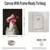 Wooden frame - chicken wearing pink denim hat print canvas wall art poster decoration wall art - including hanging hardware