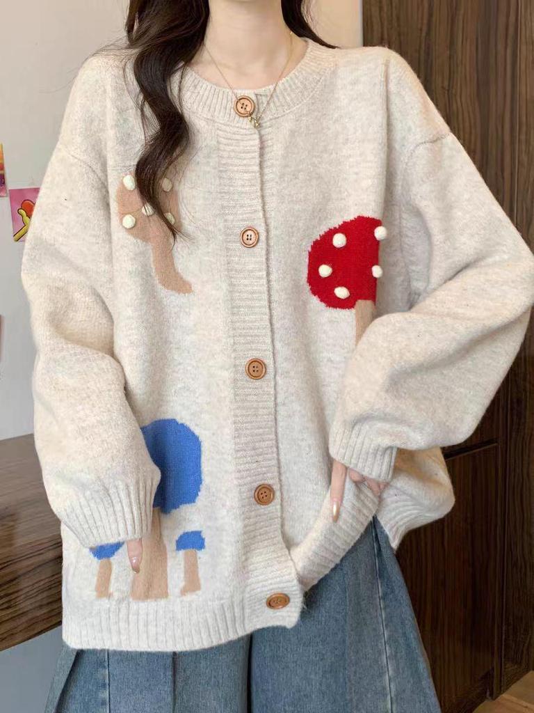 New Autumn/Winter Cartoon Mushroom Knit Cardigan - Women's Loose College Style Sweater Coat