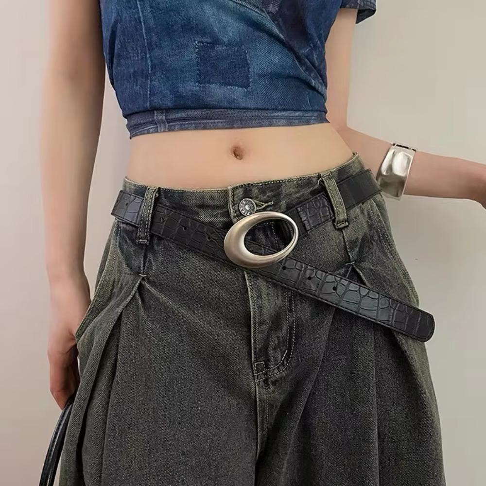 Adjustable Women's Crocodile-patterned Belt Red Black Simple Pin Buckle Metal Buckle Vintage Belt Imitation Leather Waist Belt
