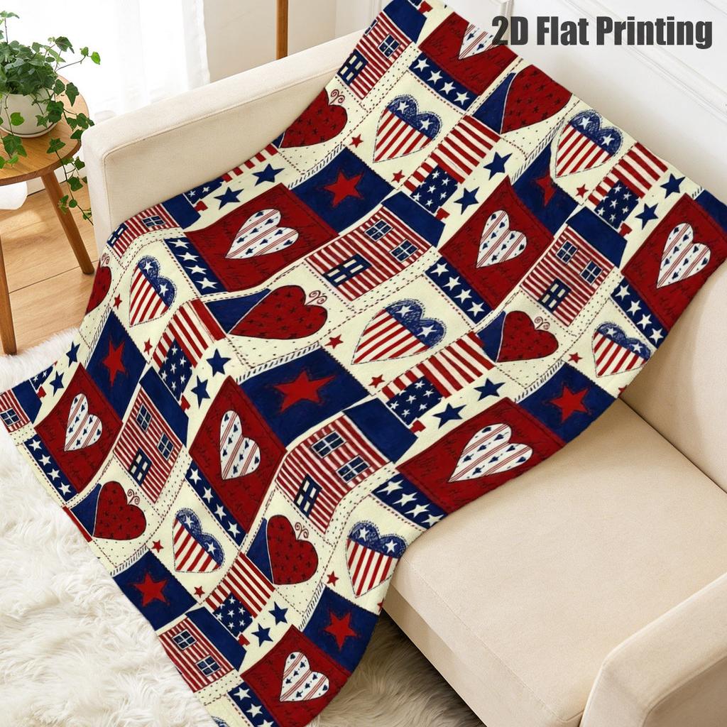 Comfort Blanket Featuring a 2D Flat Design with a Patriotic American Flag Heart Pattern, Adorned with Red, White, and Blue Stars and Hearts. Perfect f