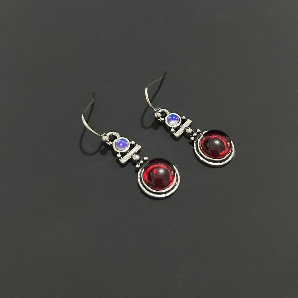 Charm Retro Ancient Silver Geometric Circle Seven-color Moonstone Red Opal Pendant Dangle Earrings for Women Temperament Jewelry