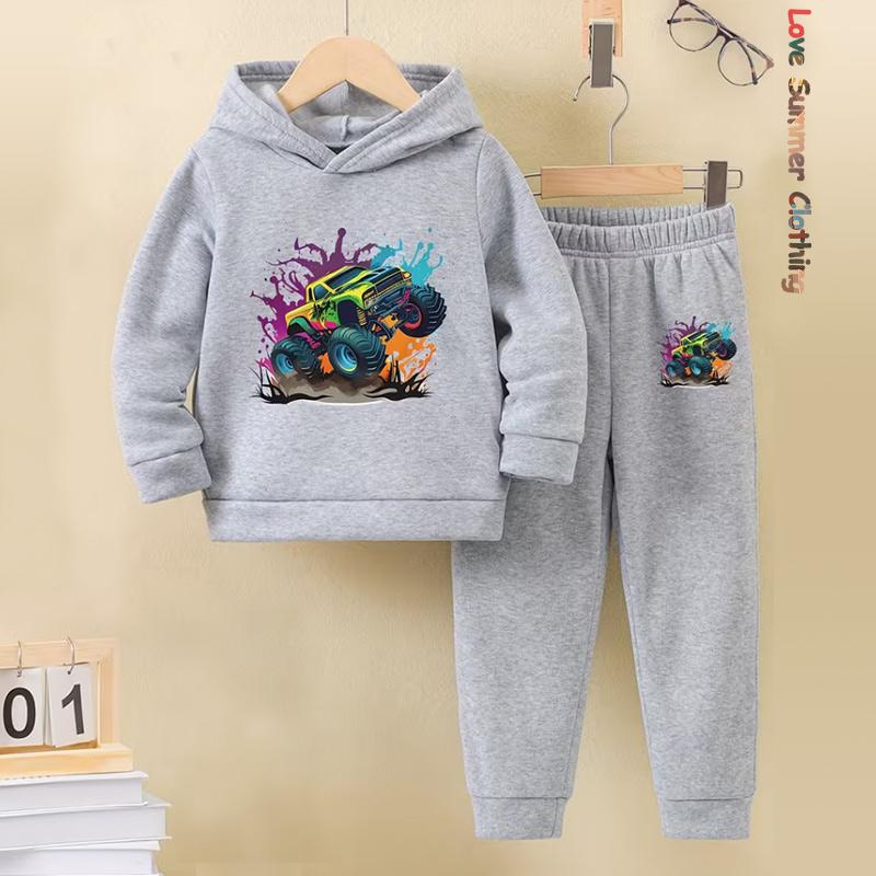 2pcs Boys Hoodie Set Motorcycle Excavator Road Car Thermal Long Sleeve Sporty Pants Hoodie Set Gift Ideal Daily Outdoor Wear