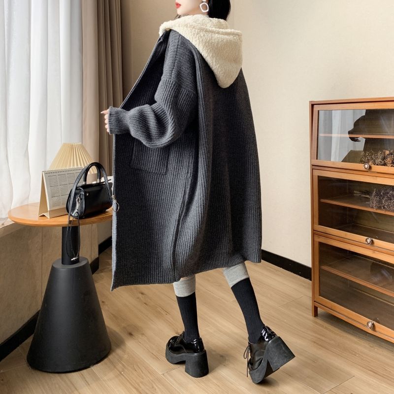 Höst Damer High-end Lös Lång Kappa Dam Färgblockering Falsk Tvådelad Huva Stickad Kofta