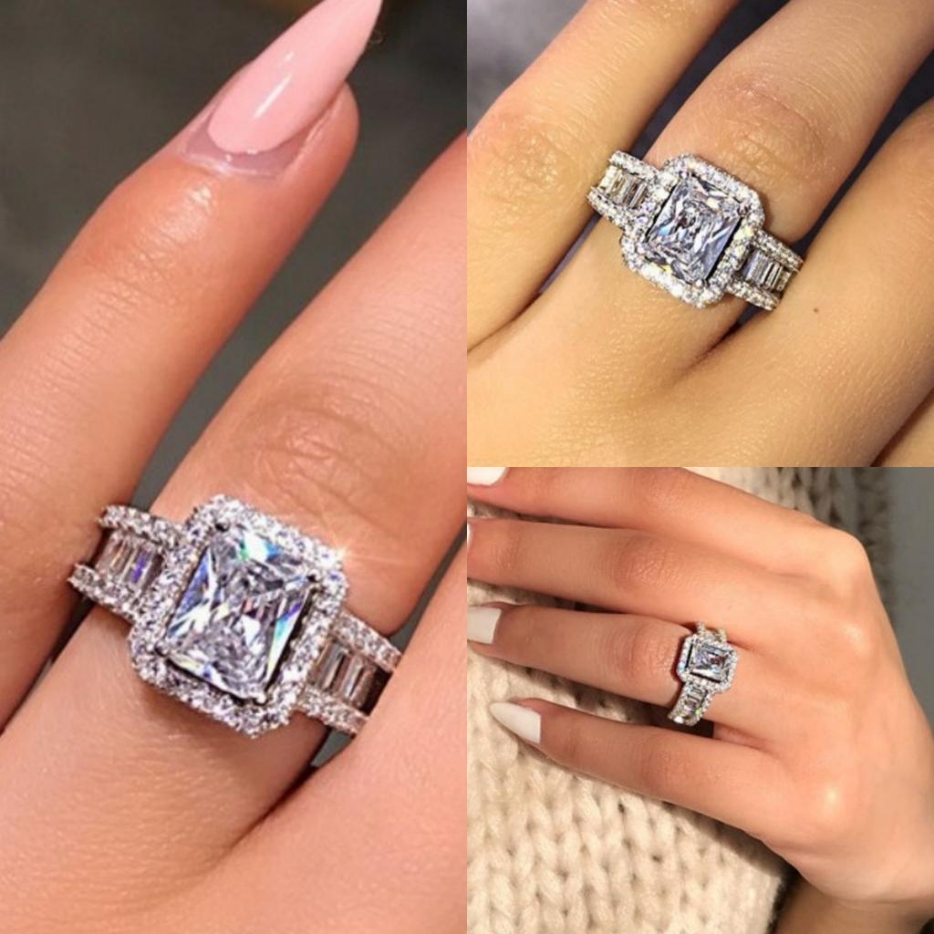 New Silver Plated Stainless Steel Rings For Women Square Cubic Zircon Ring Jewelry Accessories Size 5-11