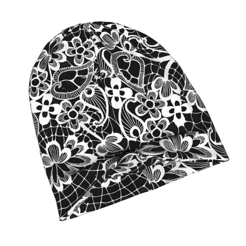 ZLIENSZUS Adult Marble Beanie Hat with Black & White Lace Pattern - Flat Print Suitable for Commuting, Evening Outfits, Urban Style, Versatile for Cas