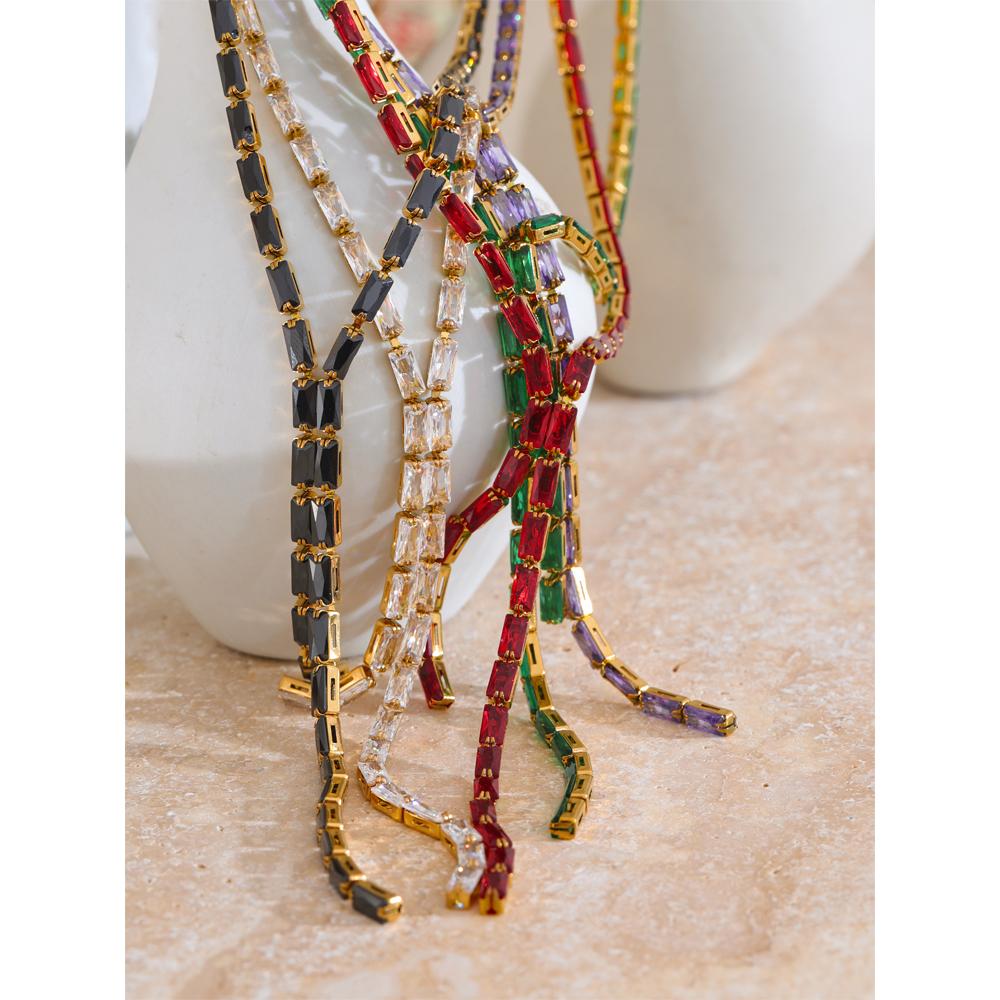 Yhpup Delicate Shiny Multicolored Cubic Zirconia Chain Chest Necklace High Quality Stainless Steel Premium Fashion Jewelry Gift