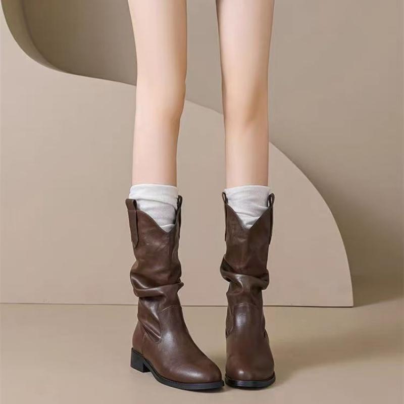 Men Women Winter Spring Autumn Boots New Ruched Slouch Bootsnew Fleece Lined Melad Retro Mid Calf Western Cowboy