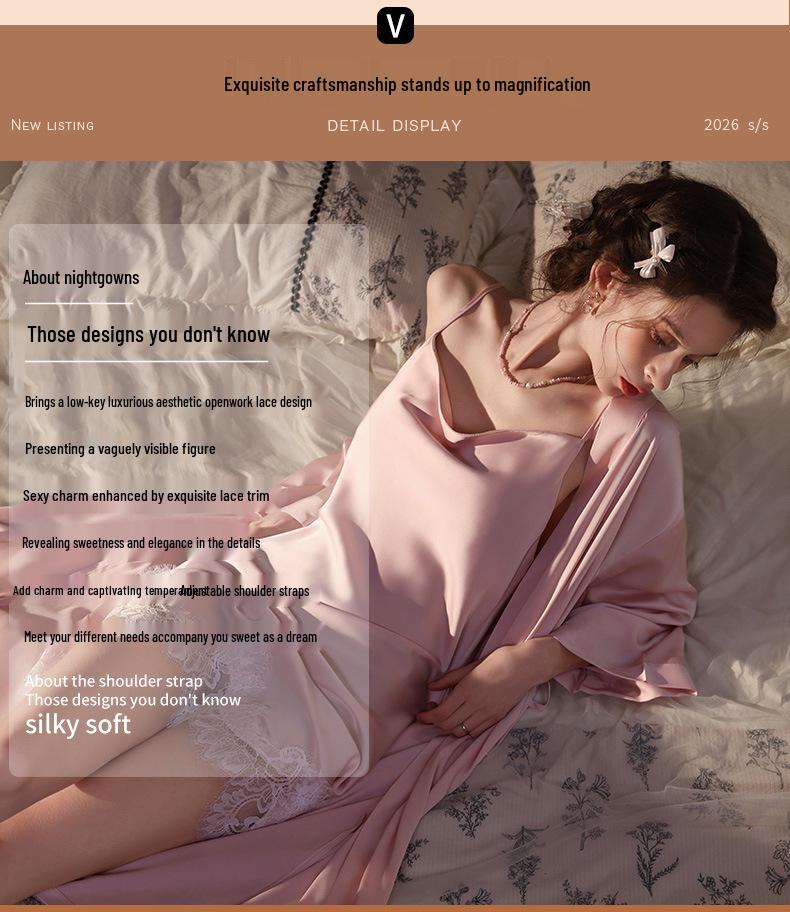 Women's Lace Trim Ice Silk Pajama Set with Robe - Spring/Summer/Autumn