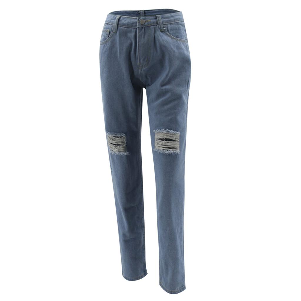 Women Button High Waist Pocket Elastic Hole Jeans Trousers Slim Denim Pants