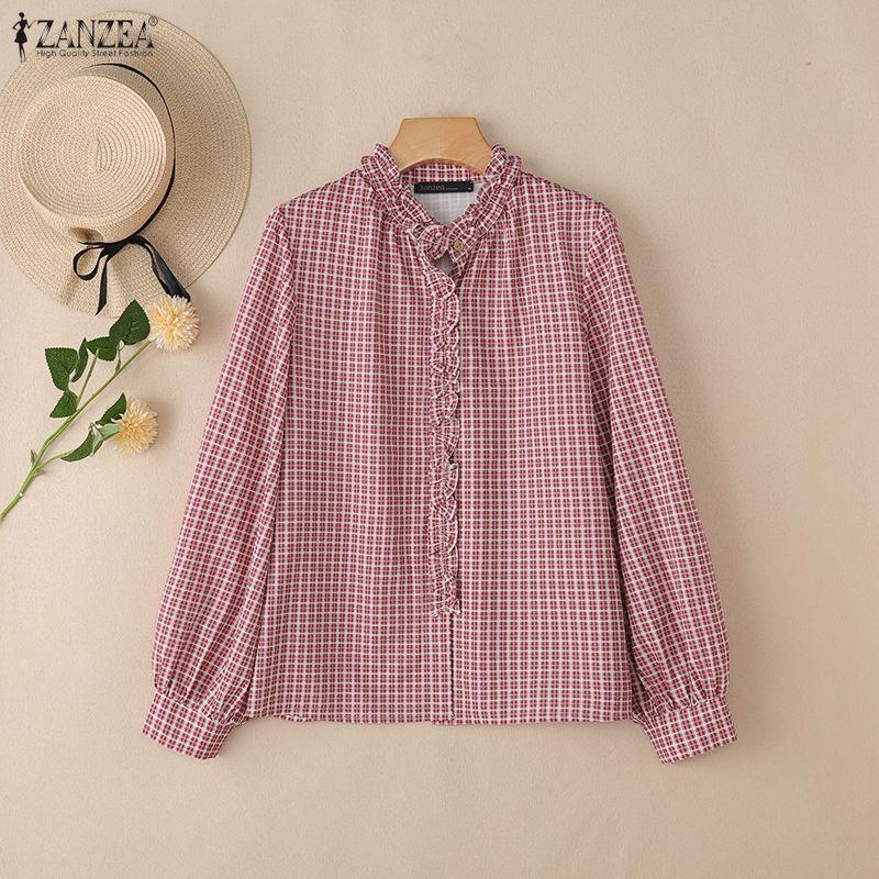 ZANZEA Women Grid Print Casual V-neck Loose Long Sleeve Blouse