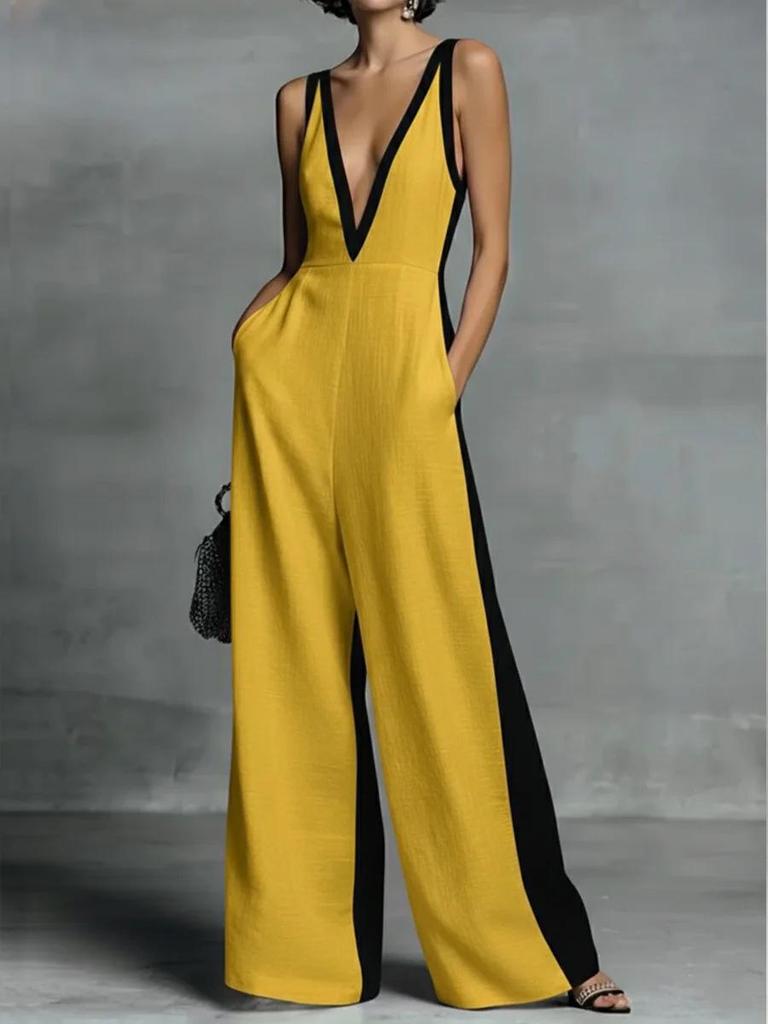 2026 Summer Women's V-neck Sleeveless Color Block Strappy Wide-leg Jumpsuit