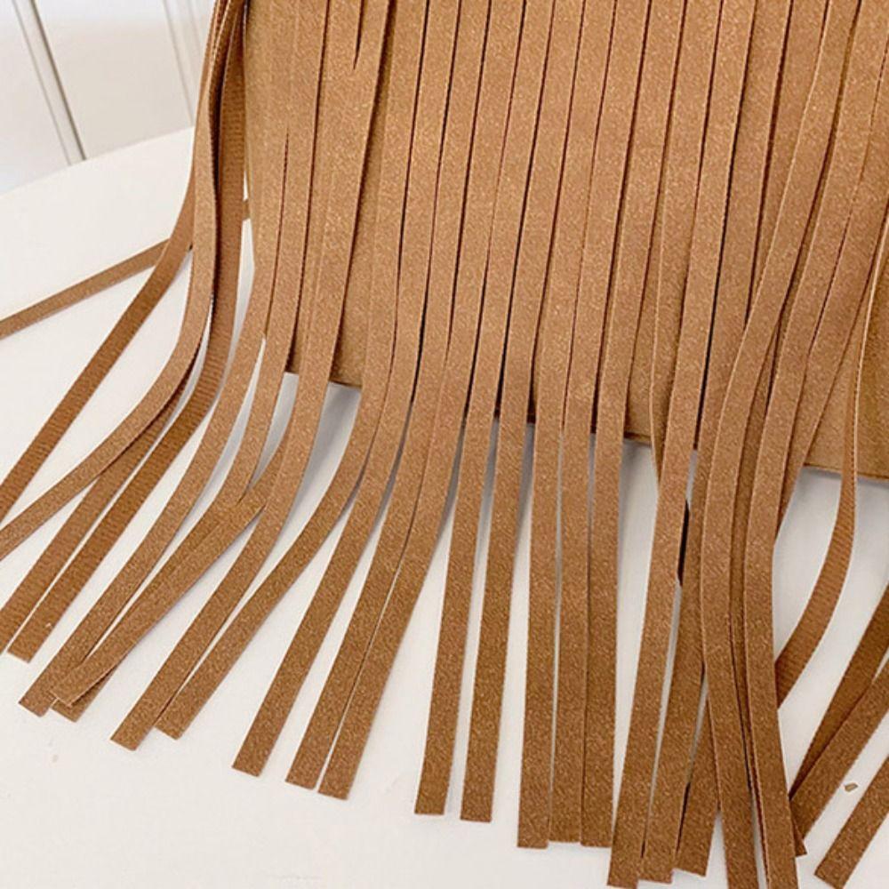 Korean Style Fringe Suede Messenger Bag Solid Color Large Capacity Tassel Shoulder Bag PU Leather Bohemian Style Crossbody Bag