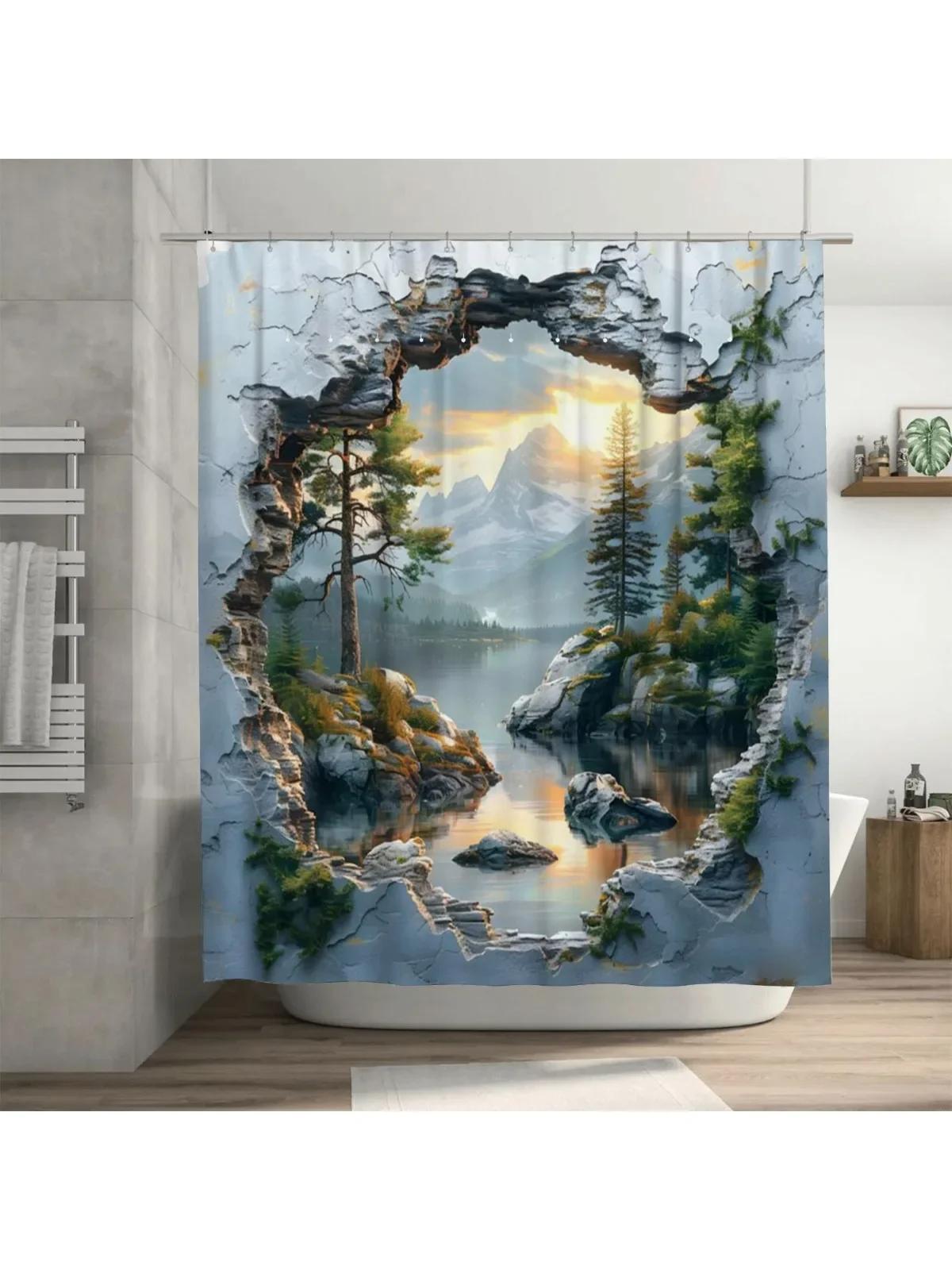 

3D Broken Wall Design Waterproof Shower Curtain Heat Resistant Machine Washable Non-Transparent 180X180Cm W60H190(CM)-1 Pcs