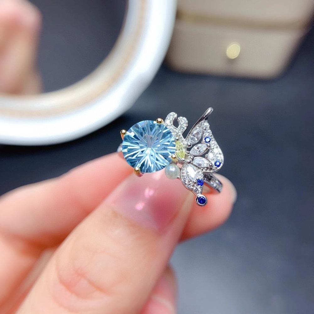 Women Jewelry Set Blue Topaz Butterfly Ring Pendant Necklace Set Fairy Design Firework Cut Live Stream Popular