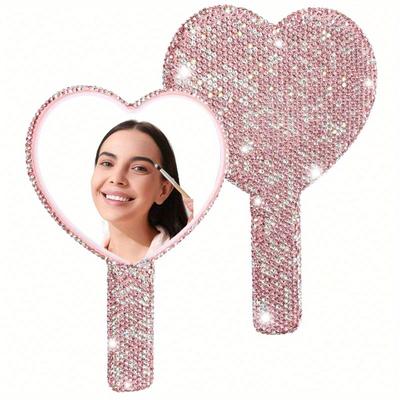 1Pack Rhinestone Heart Mirror Handheld Pink Bling Hand Held Mirrors with Handle Glitter Cosmetic Dazzling Mirror
