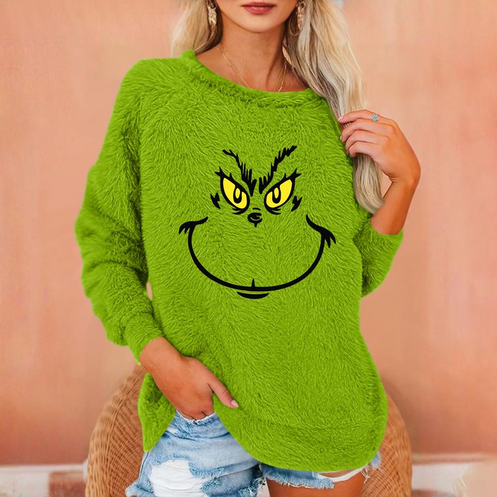 Women's Fashionable Round Neck Long Sleeved Christmas Printed Loose Plush Warm Pullover Top