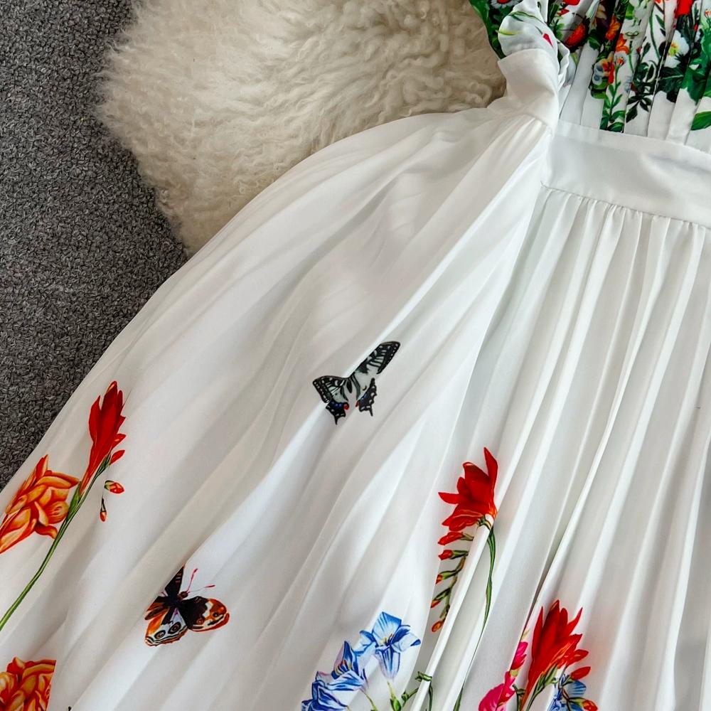 Sommer Damen Kleid Mode Blumendruck Ärmelloses Kleid Hohe Taille Skinny Plissee Kleid