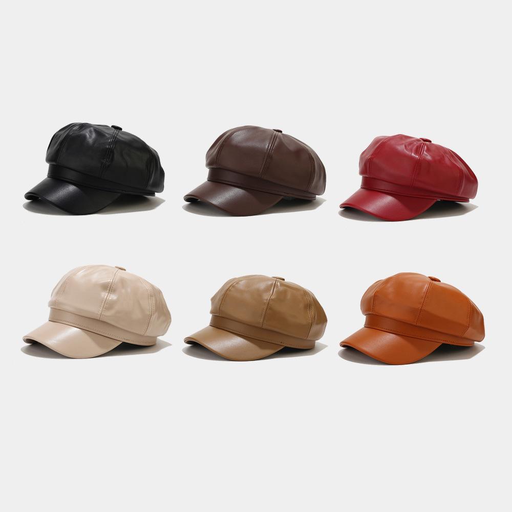 Retro Fashion Ladies' PU Leather Octagonal Hat Versatile Temperament Circumference Korean Streetwear Accessory crochet beret cap
