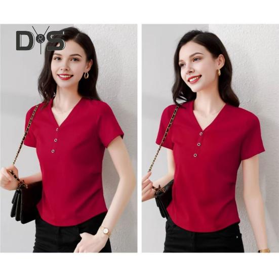 Damen T-Shirt mit V-Ausschnitt und Knöpfen, kurzärmelig, schmale Passform, weich, elastisch, Pullover, Oberteile für den Pendlerstil