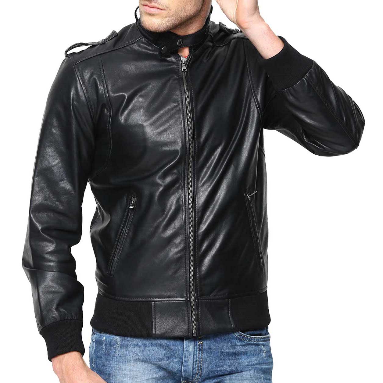 

SkinOutfit Men s Genuine Lambskin Black Leather Jacket Stylish Motorcycle Bomber Biker Outerwear MJ 174 M чорний