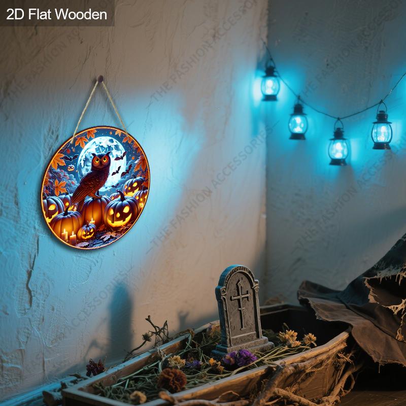 Halloween Owl Pumpkin Moon Round Flat Wooden Hanging Sign