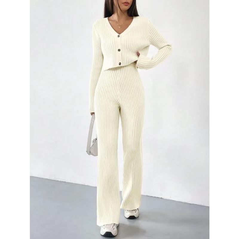 Korean-style Solid-color Knitted Two-piece Set, V-neck Short Knitted Cardigan, Slightly Flared Pants, Versatile Casual Women's Wear